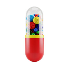 A vibrant clear capsule filled with an assortment of colorful textured spheres and small beads, showcasing a blend of elements. Ideal for concepts of health, data, or innovation.