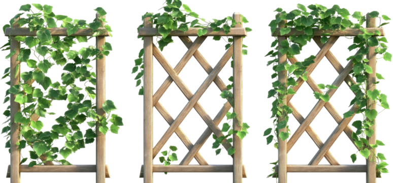 Three wooden trellis screens, adorned with climbing greenery