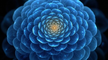 Fractal bloom of electric blue fractal petals glowing with soft light, creating mesmerizing and intricate pattern that evokes sense of calm and wonder