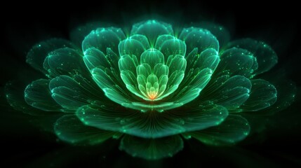 Fractal bloom of geometric petals in layers glowing with green light and subtle orange center, digital abstract flower with delicate translucent texture and depth