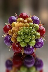Fractal blossom of glass spheres with vibrant red, purple, green, and yellow colors, reflecting light and water droplets, creating photorealistic and artistic abstract design