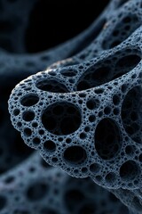 Fractal foam of intricate microcells with photorealistic texture showing detailed porous structure and depth in dark blue tones, creating abstract and complex visual effect