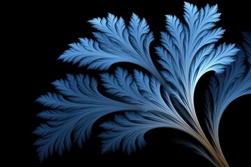 Blue fractal filament tendrils resembling delicate feathers or leaves spread elegantly against black background, creating mesmerizing and intricate metallic blue pattern
