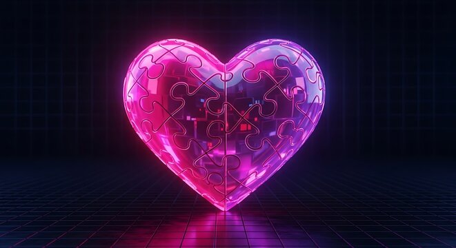 Pink puzzle heart glowing purple - Powered by Adobe