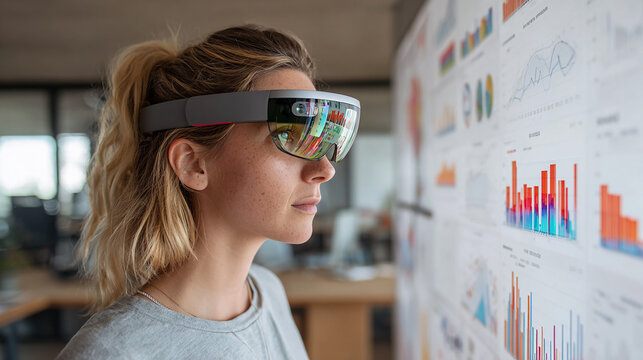 A businesswoman using augmented reality (AR) glasses to visualize 3D data charts in a modern office - Powered by Adobe