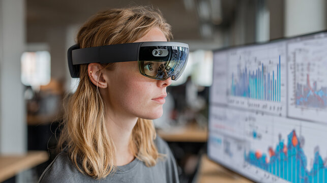 A businesswoman using augmented reality (AR) glasses to visualize 3D data charts in a modern office