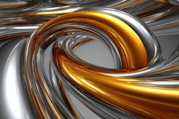 Fractal swirl of metallic brush stroke arcs in shiny gold and silver colors creating dynamic and fluid abstract design with reflective surfaces and smooth curves
