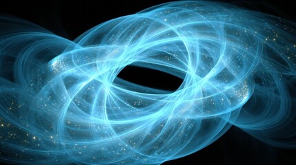 Fractal swirl of translucent blue loops and knots with glowing light particles creating dynamic and ethereal abstract design on black background