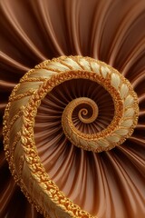Golden spiral fractal pattern with ornate gold and cream texture radiating from center on smooth brown background, creating elegant and luxurious visual effect