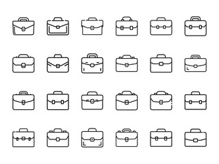 Set of 24 Business Briefcase Line Icons – Minimalist Office Bag Symbols for Corporate, Work, Business Presentation, Web, App, and Graphic Design Use
