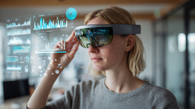 A businesswoman using augmented reality (AR) glasses to visualize 3D data charts in a modern office