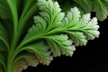 Fractal green leaf pattern with organic branching shapes and detailed texture, creating natural and intricate design with vibrant shades of green and dark background