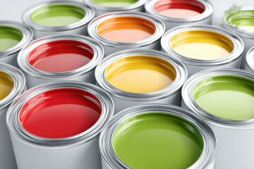 Open paint cans with vibrant red, yellow, orange, and green colors arranged closely together, showcasing variety of bright and fresh paint options for creative projects
