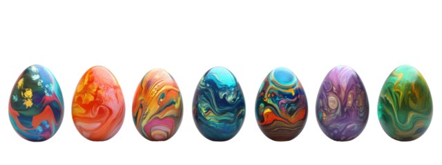 Row of colorful marbled eggs
