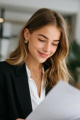 Young woman reading document with smile, wearing black blazer and gold jewelry, indoor office environment with soft natural light