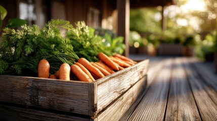 Fresh orange carrots with green leaves in rustic wooden crate on wooden deck with warm sunlight creating peaceful and natural outdoor atmosphere
