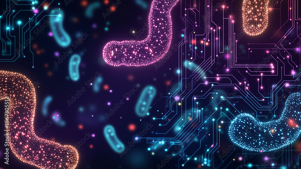 Poster Vibrant digital illustration depicts fusion of microbiome elements and circuit patterns, symbolizing intersection of technology and gut health. glowing bacteria and circuitry create futuristic