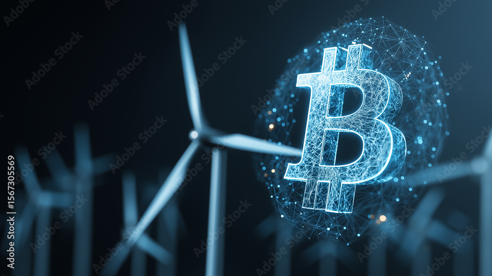 Aufkleber digital representation of bitcoin symbol is overlaid on background of wind turbines, symbolizing int