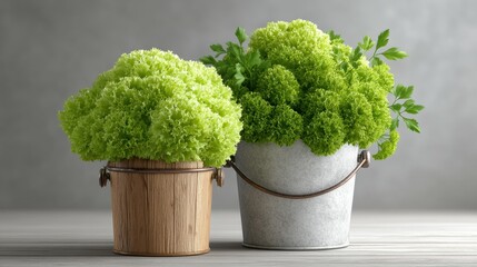 Fresh green lettuce and curly parsley arranged rustic wooden and metal buckets, creating vibrant and natural display with soft gray background and wooden surface, evoking freshness and simplicity