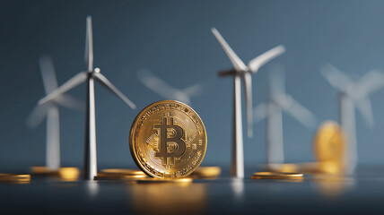 Golden cryptocurrency coin stands prominently against backdrop of wind turbines, symbolizing intersection of digital currencies and renewable energy