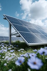 Solar panel farm with wildflower meadow under blue sky and clouds, sustainable energy concept with nature and technology harmony in bright daylight