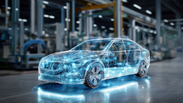 Digital representation of futuristic car with glowing blue lines is displayed in modern industrial setting, symbolizing innovation in automotive technology and electric vehicle design