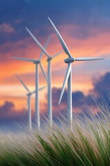 Wind turbine with tall grass swaying gently in foreground under colorful sunset sky, creating peaceful and sustainable energy landscape scene
