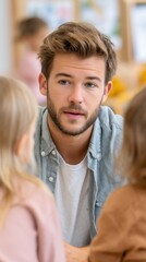 Young man in preschool teacher role interacting with children, showing attentive and caring expression in bright classroom environment