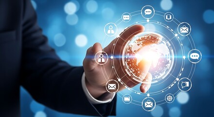 Hand touching digital global network with communication icons