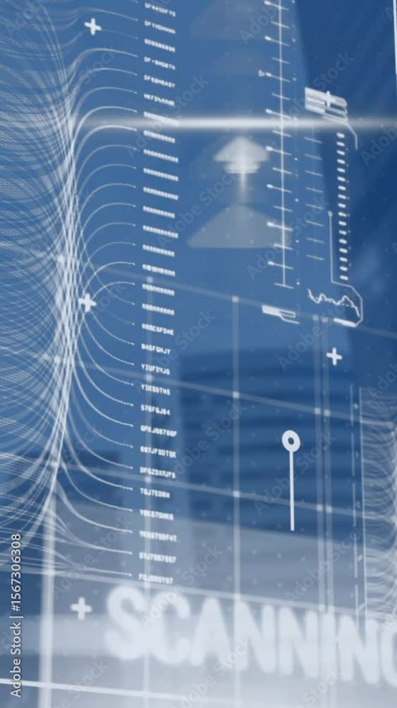 Poster animation of computer language over loading bars, map, graph, texts over low angle view of buildings