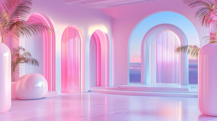 Futuristic pastel pink interior with glowing arches, soft light, and serene space design, creating a dreamy, minimalistic environment with vibrant neon accents and smooth surfaces