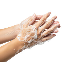 Close up of hands being washed with white soap suds, emphasizing hygiene and cleanliness. Ideal for health, sanitation, and personal care concepts.