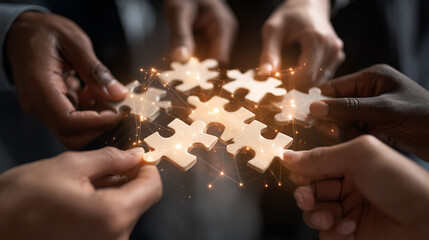Close-up of multiracial team hands putting together jigsaw puzzle pieces with glowing lines symbolizing communication and innovation