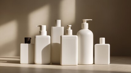 White Bottles Set with Pump Dispensers on Light Surface in Natural Shadow
