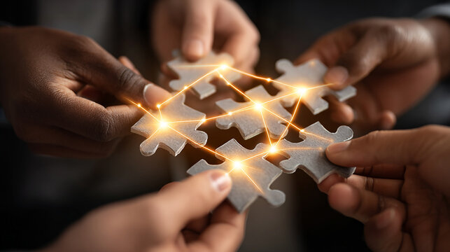Close-up of multiracial team hands putting together jigsaw puzzle pieces with glowing lines symbolizing communication and innovation