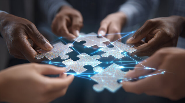 Close-up of multiracial team hands putting together jigsaw puzzle pieces with glowing lines symbolizing communication and innovation