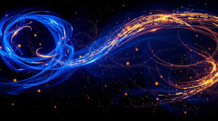 Vivid Digital Art Depicting Dynamic Blue and Gold Light Trails Intertwining Against a Dark Background