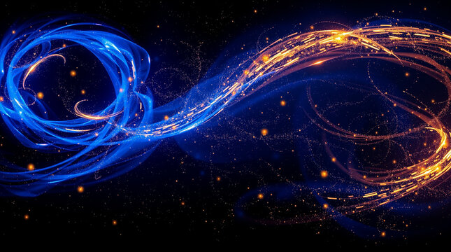 Vivid Digital Art Depicting Dynamic Blue and Gold Light Trails Intertwining Against a Dark Background