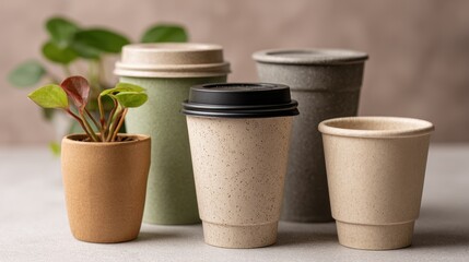 Eco Friendly Reusable Coffee Cups with Plant in Small Pot on Light Surface