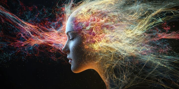 A double-exposure image of a human head blending into a sprawling digital network of ideas.