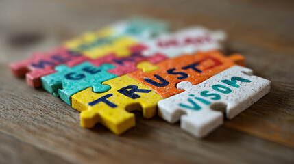 Flat lay of multicolor puzzle pieces on desk with keywords like 'trust', 'team', 'goals', and 'vision' written on each piece