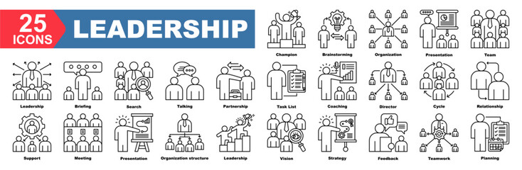leadership icon collection set.Champion,Brainstorming,Organization,Presentation,Team,Partnership,Briefing.Simple line vector.