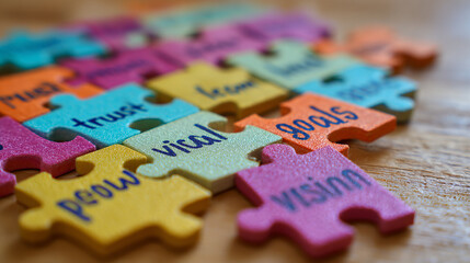 Flat lay of multicolor puzzle pieces on desk with keywords like 'trust', 'team', 'goals', and 'vision' written on each piece