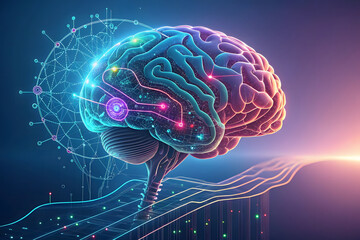 Underwater brain with glowing neural pathways surrounded by tropical fish, coral reefs, and marine life in ocean depths.