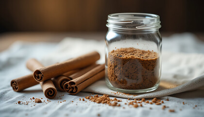 Ground Cinnamon and Cinnamon Sticks on Rustic Linen