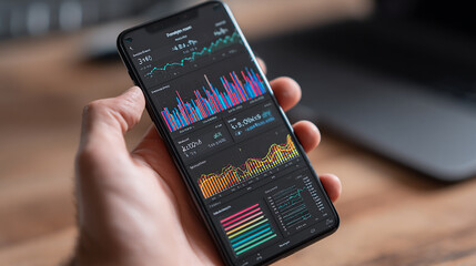 Hand holding a smartphone showing AI-generated financial report and market prediction dashboard