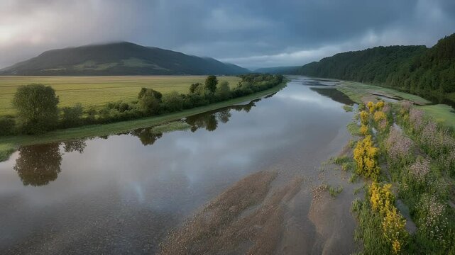 Serene river landscape tranquil water reflection and rolling hills