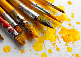 Fototapeta premium Artistic arrangement of watercolor brushes and paints with vibrant yellow splatters on a white canvas