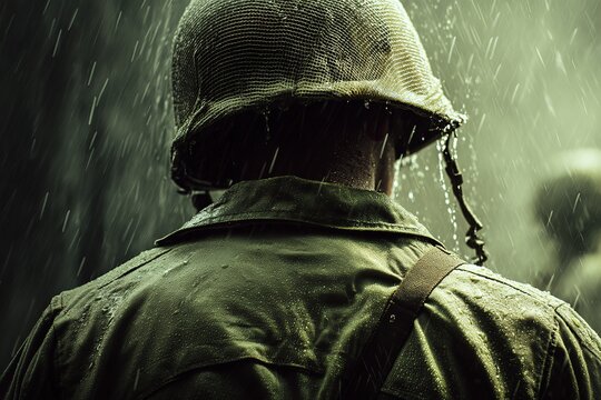 Rear view of a Soldier looking at the rain, Ai Generated