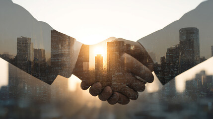 International business partners shaking hands in front of a city skyline with sunlight